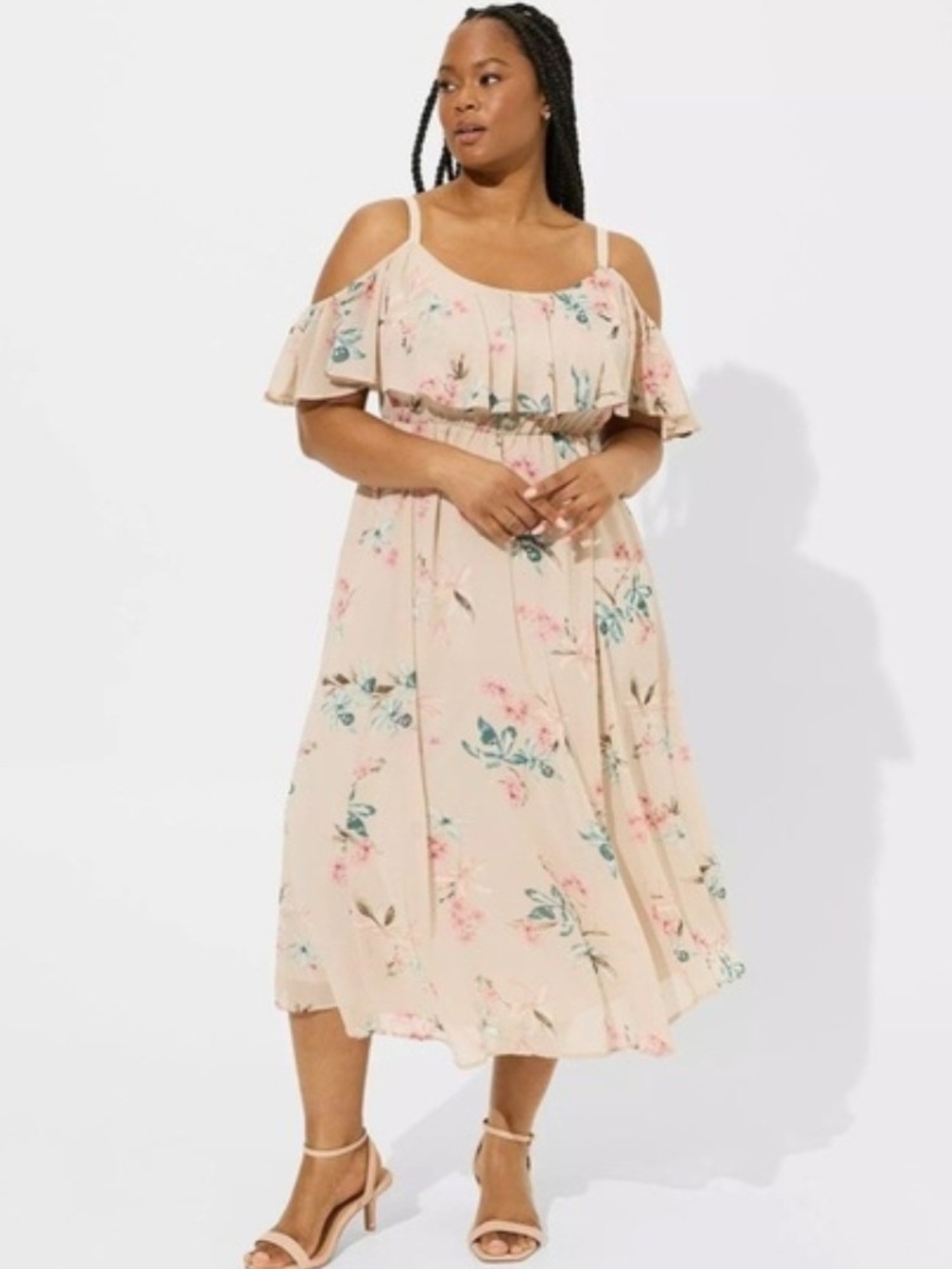 Torrid Size 1 Floral Ruffle Cold-Shoulder Midi Dress